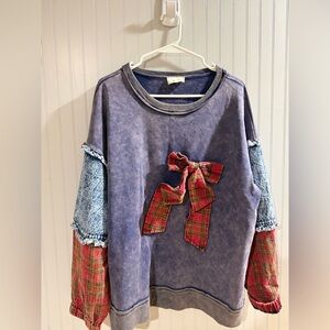 Blue Pullover Sweatshirt with Plaid Bow Accent